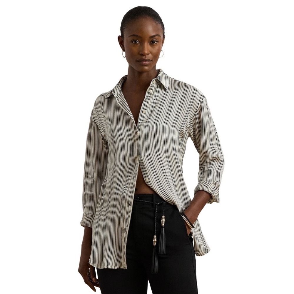 Lauren Ralph Lauren Relaxed Fit Striped Satin Shirt Winter‎ Cream Large